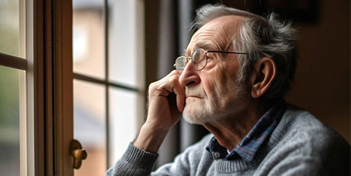 Senior man with glasses looking out a window